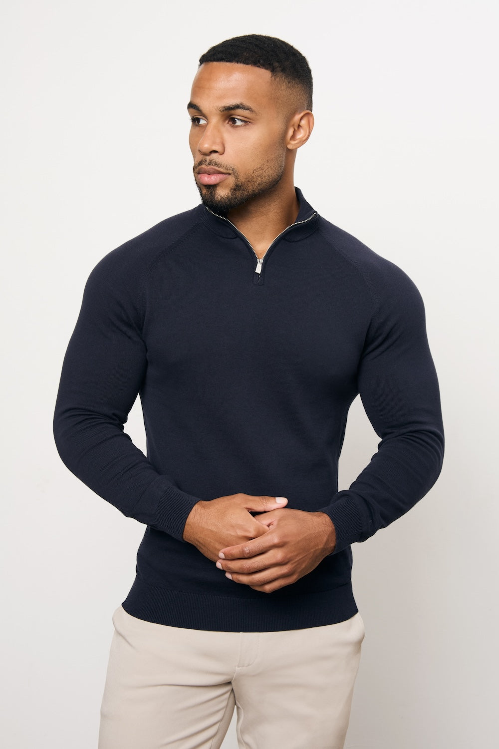 Pure Cotton Knitted Half Zip Neck Sweater in Navy