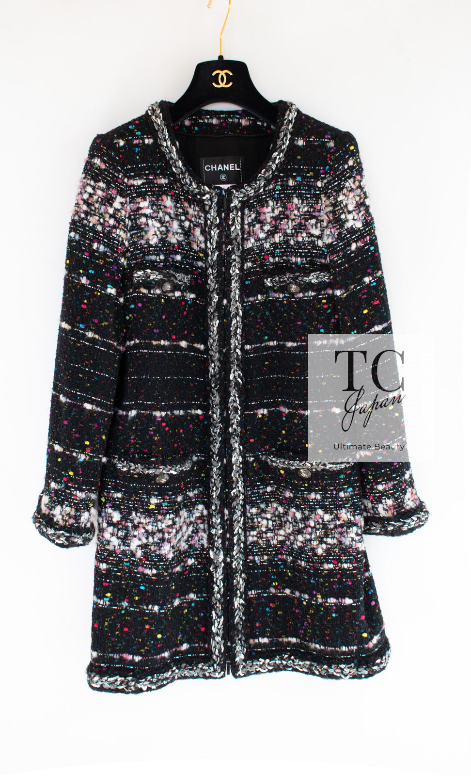 シャネル コート CHANEL ブラック マルチカラー ルサージュ ツイード