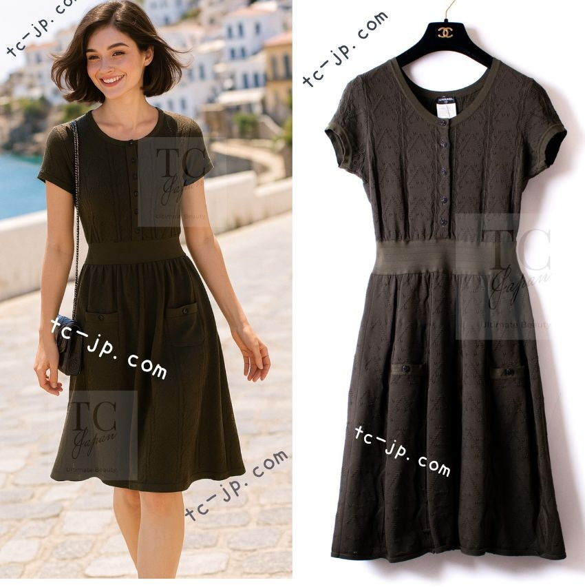 シャネル ワンピース CHANEL ダークオリーブ ポワンテル ニット ココ
