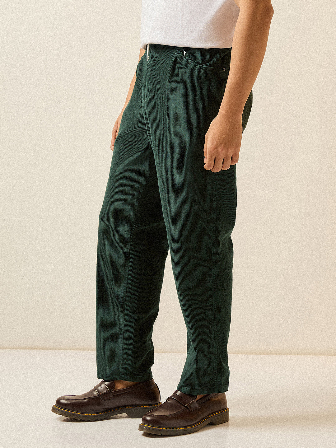 Shop Dark Green Solid Baggy Fit Corduroy Cotton Pant Online