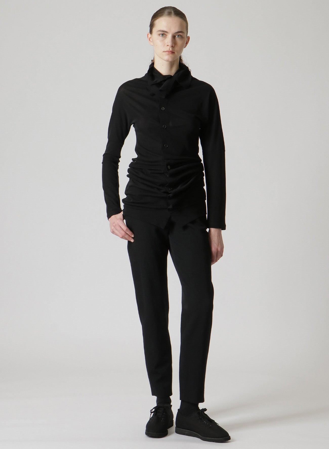 COSMORAMA COTTON DRAPED LONG SLEEVE BUTTON-UP TURTLENECK TOP – THE