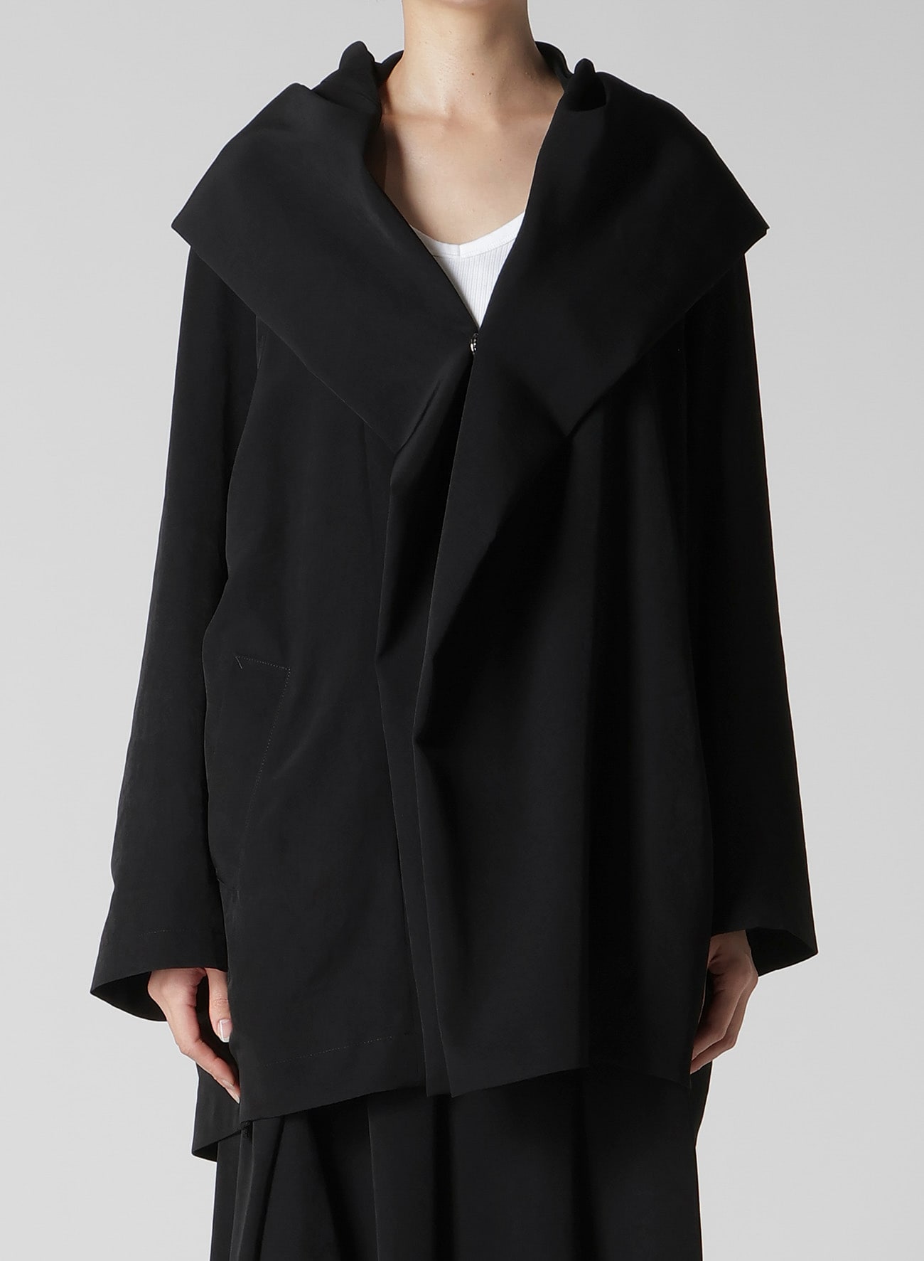 TA/PE CREPE DE CHINE HOODED CAPE COAT(S Black): Yohji Yamamoto