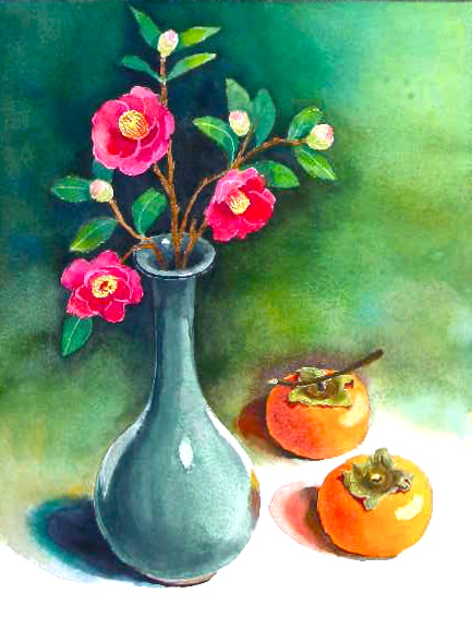 椿と柿 | いしげ ゆきお ｜インテリア絵画 アートの専門通販