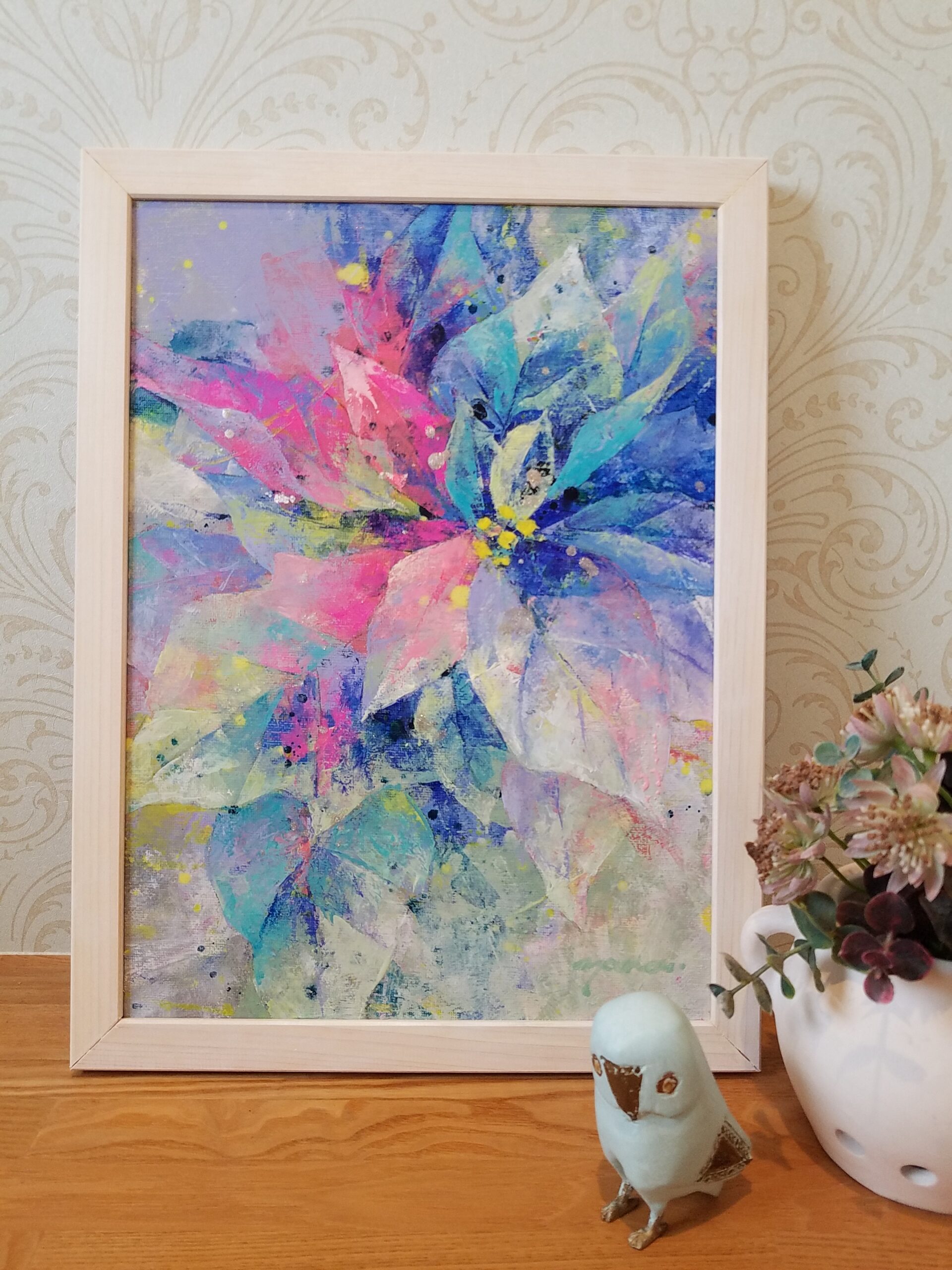 F4号額付】ポインセチア(青) | 柳澤 弥代恵 ｜インテリア絵画 アートの