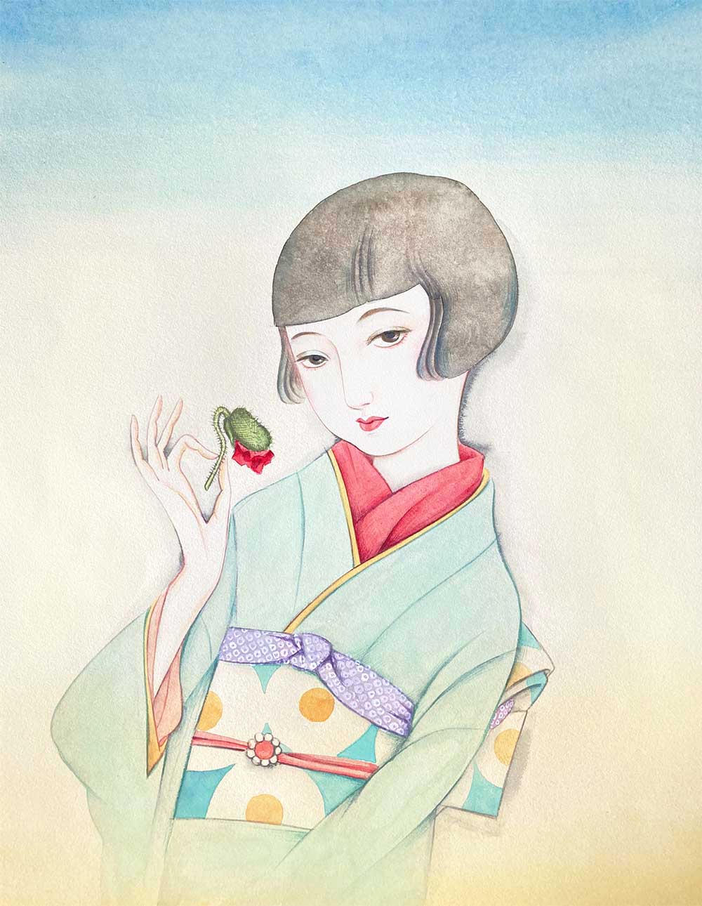 絵画 原画 ドローイング 水彩画 大正ロマン モダン 和装 絵画 原画