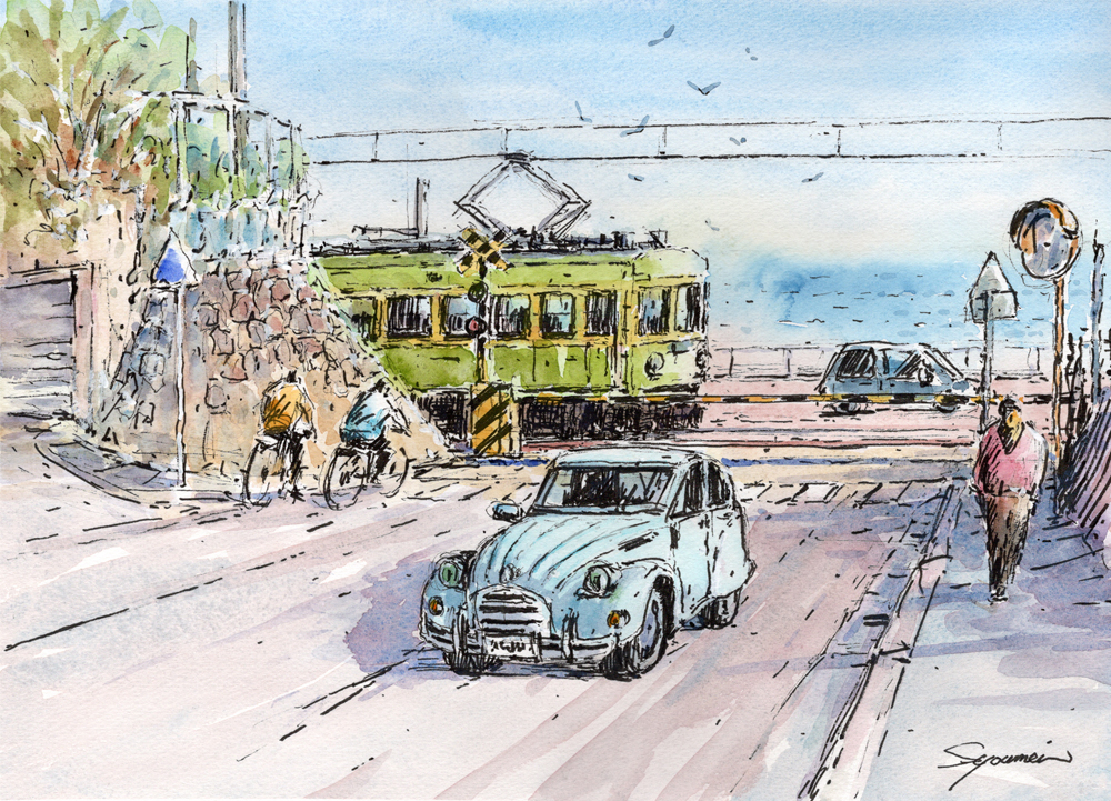 水彩画 河のある風景 2022年 フレーム付き 原画 水彩画 河のある風景