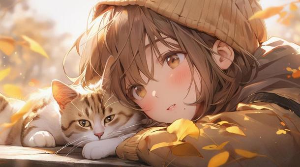紅葉の中の猫と女の子イラスト - No: 24411266｜無料イラスト・フリー