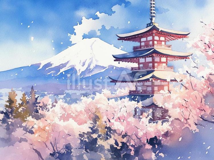 満開の桜と五重塔と富士山の春風景。イラスト - No: 25622526｜無料
