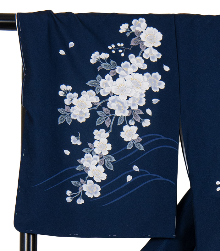 お仕立済み・袷】洗える訪問着（野バラ：紺）（M・L） 洗える訪問着