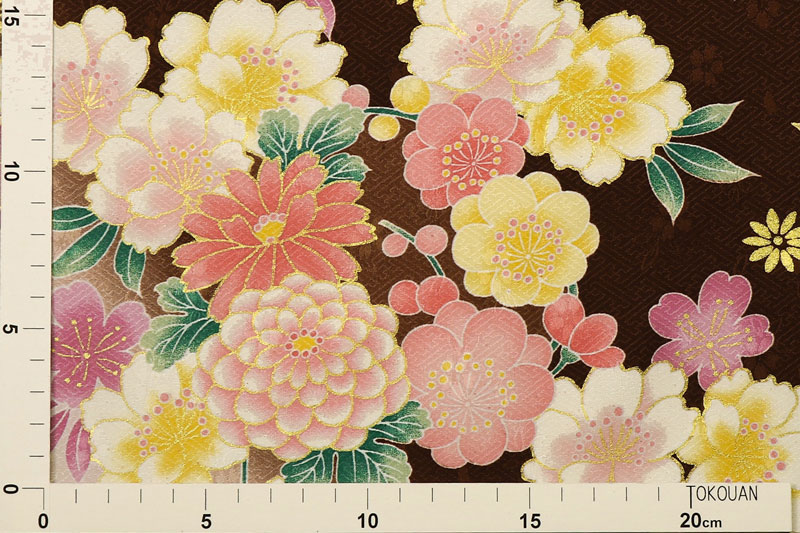金彩友禅販売 八重桜に牡丹菊花（檜皮色）柄の和柄生地通販なら都香庵