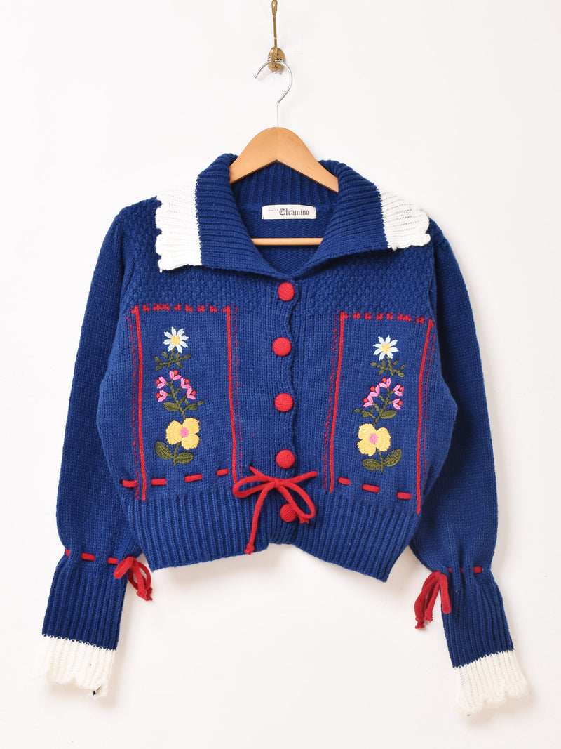 3色展開】Elcamino フラワー刺繍 襟付き チロル風カーディガン – 古着