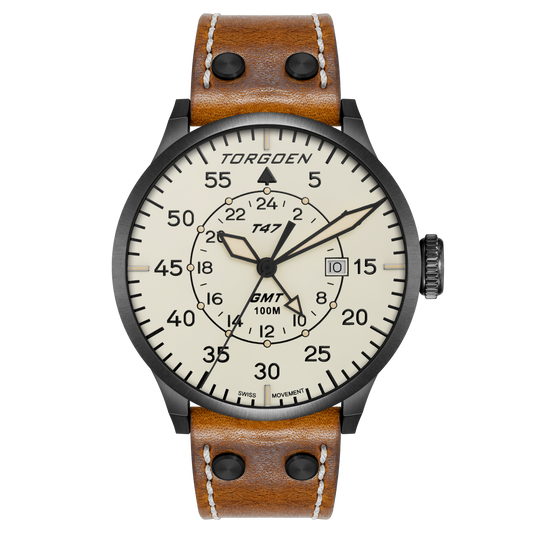 T47 Jumbo Cream Sapphire GMT | 47mm, Tan Leather Strap – Torgoen
