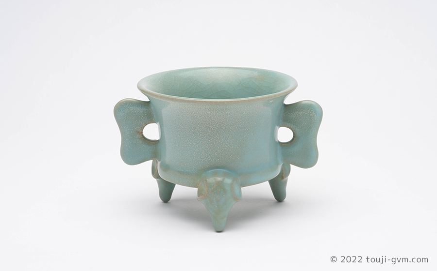 文房具雙耳香爐 宋時代汝窯 陶器冰裂纹 貫入