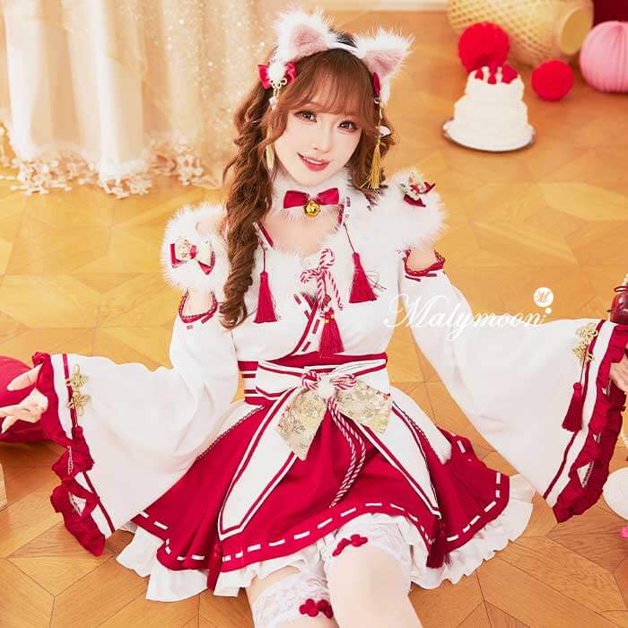 マリームーン Malymoon ホルターネック巫女レディ 赤 レッド 即日発送】レトロティックレース狐巫女《オリジナルコスプレ8点セット