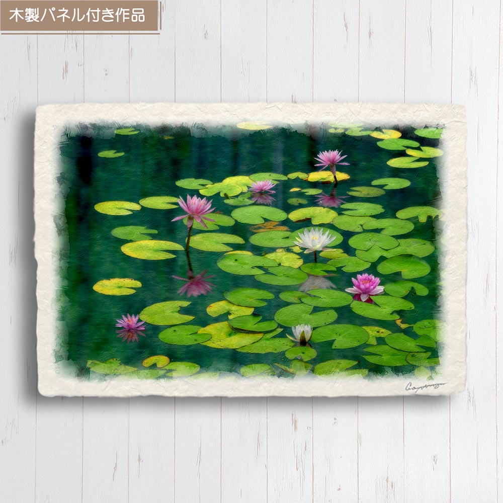 水面の睡蓮と月のアート作品漆画アート美術品