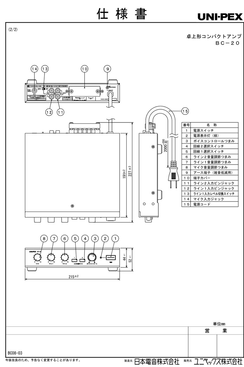 楽天市場】【新品】【UNI-PEX】BC-20 卓上形コンパクトアンプ ※愛知県