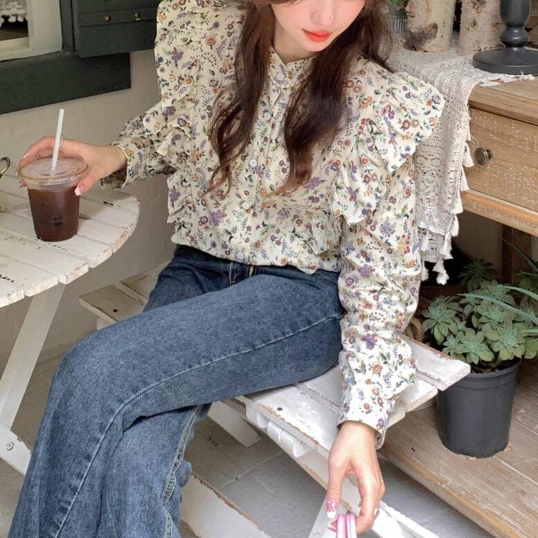 楽天市場】レディース ノーカラーフリル花柄シャツ トップス シャツ