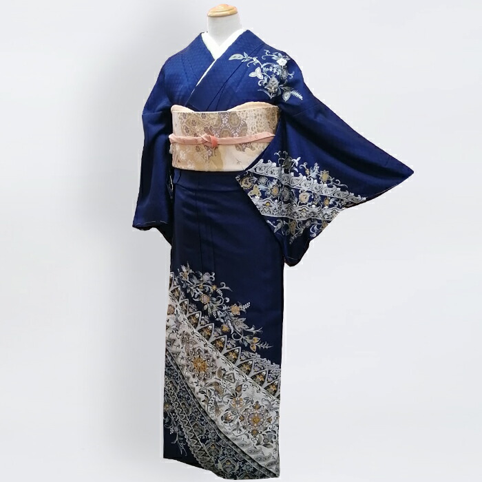 楽天市場】特別誂え 洗える着物 付下げ3《紺 更紗柄》 M/L/LL 胴抜き