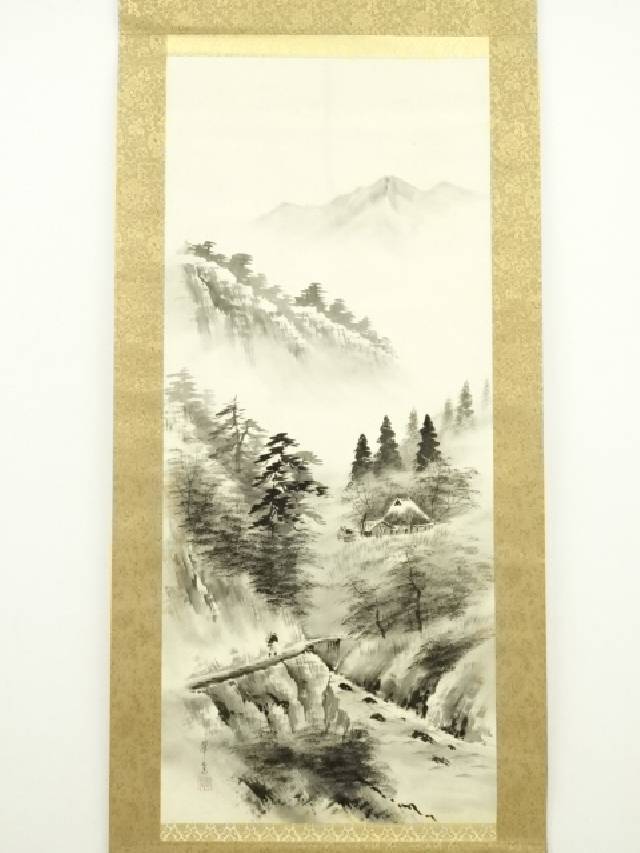 見事‼︎ 平野 翠雪 筆 彩色山水 掛け軸 掛軸 肉筆 共箱 タトウ箱 尺八