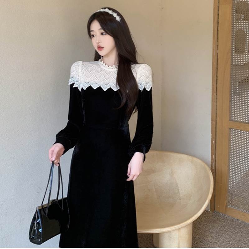 楽天市場】ベルベット 刺繍 レース ミモレ ドレス ワンピース ワンピ