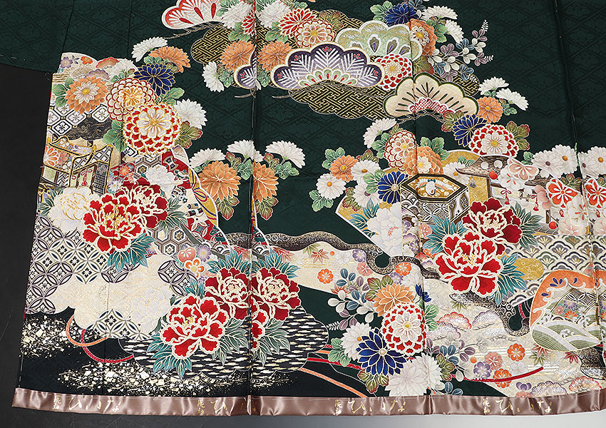 楽天市場】振袖 フルセット ひいな 値引き可 正絹 常盤色 緑色 牡丹に