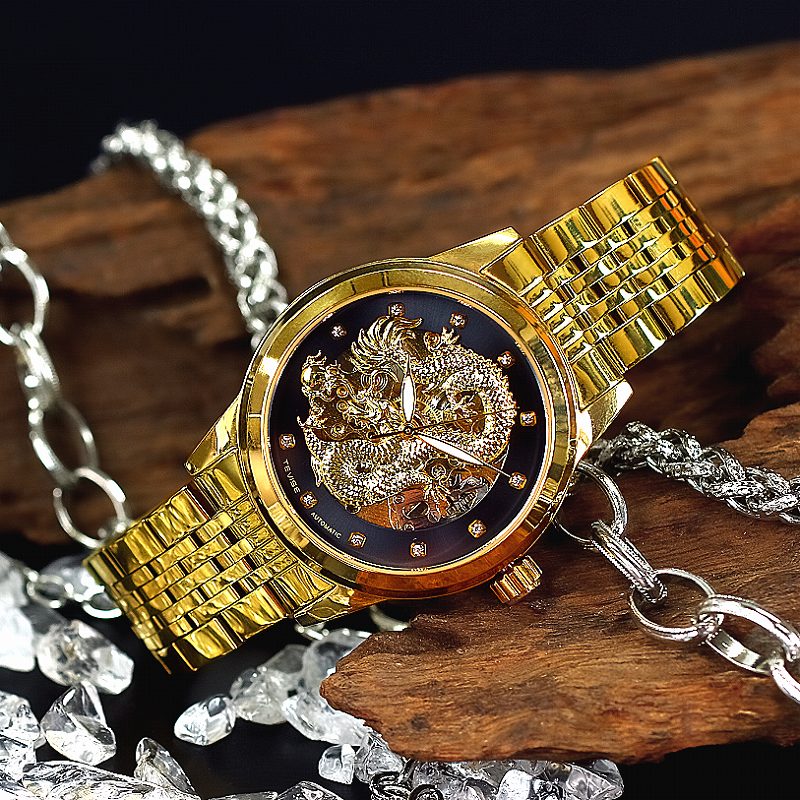 楽天市場】012 金×黒 龍神モチーフ 機械式 自動巻き 腕時計 メンズ