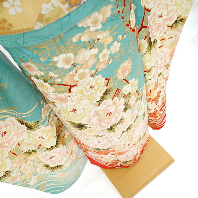 楽天市場】【新品】 振袖 着物 正絹 袷 刺繍 水色 扇子 四季の花 牡丹