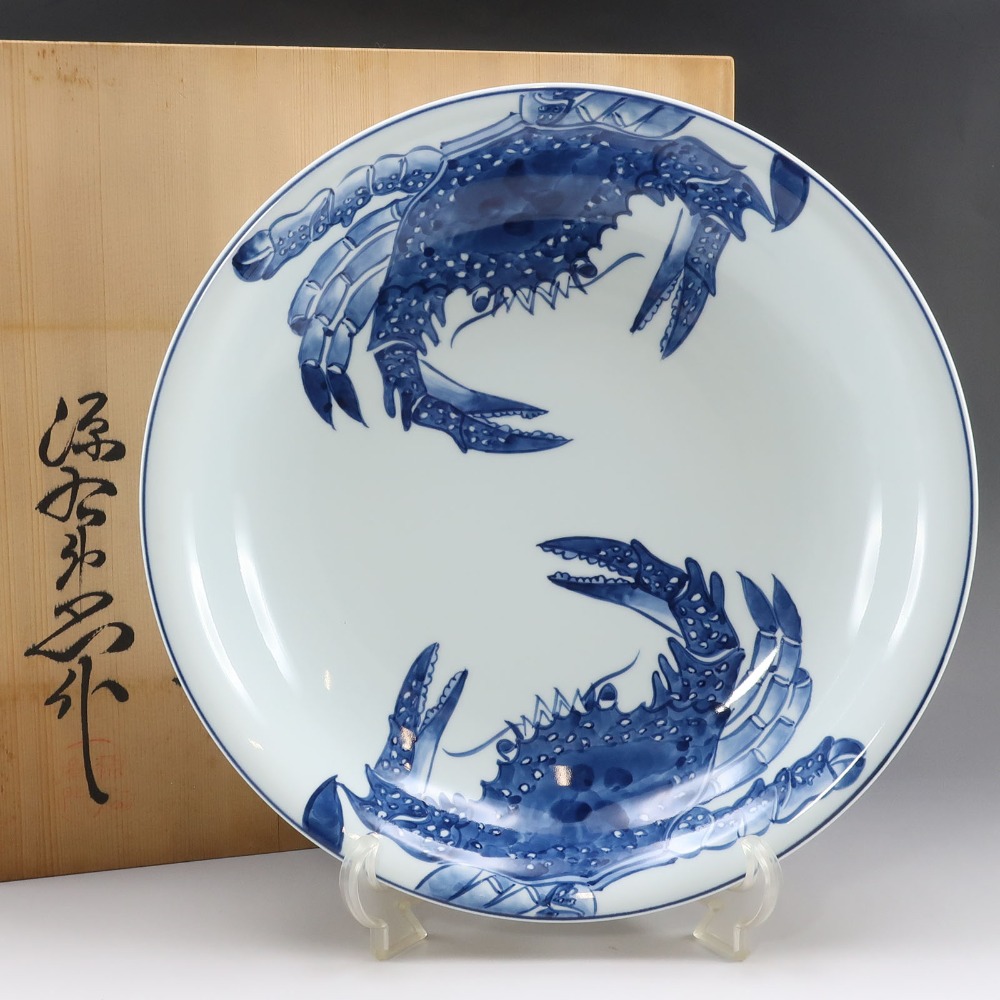 有田焼、 館林源右衛門窯、『染付粟鶉図大皿』、銘「源右衛門」有、皿