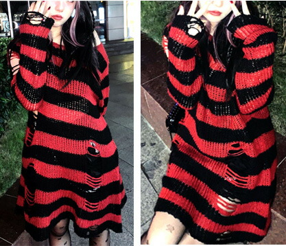 楽天市場】ダメージ入り ボーダーニット 赤×黒 ゴシックパンク メンズ