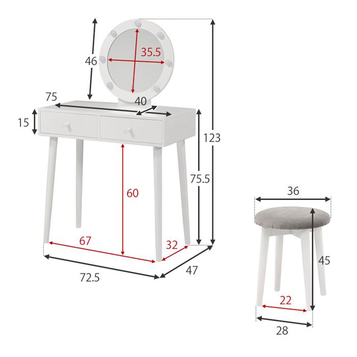 楽天市場】女優ミラー ドレッサー 通販 MD-6576WH 一面鏡ドレッサー