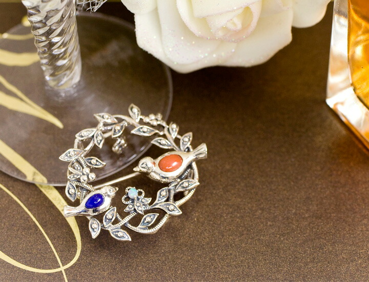 楽天市場】碌山 ブローチ ラピスラズリ 珊瑚(サンゴ) オパール 花かん