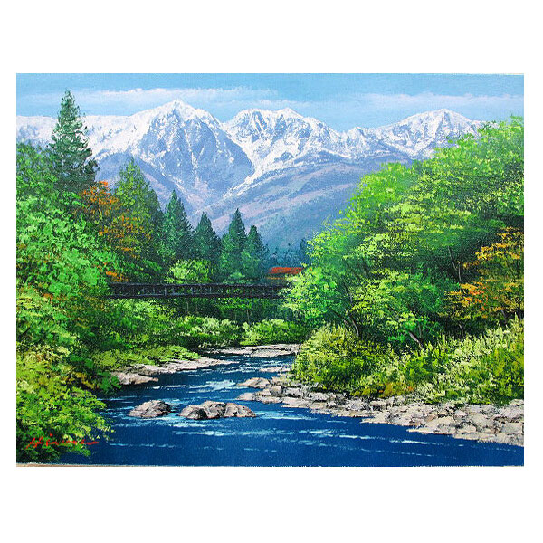 油絵 菅家令子絵画インテリア額付(青緑+金色の枠)F6-080214万代橋 新潟