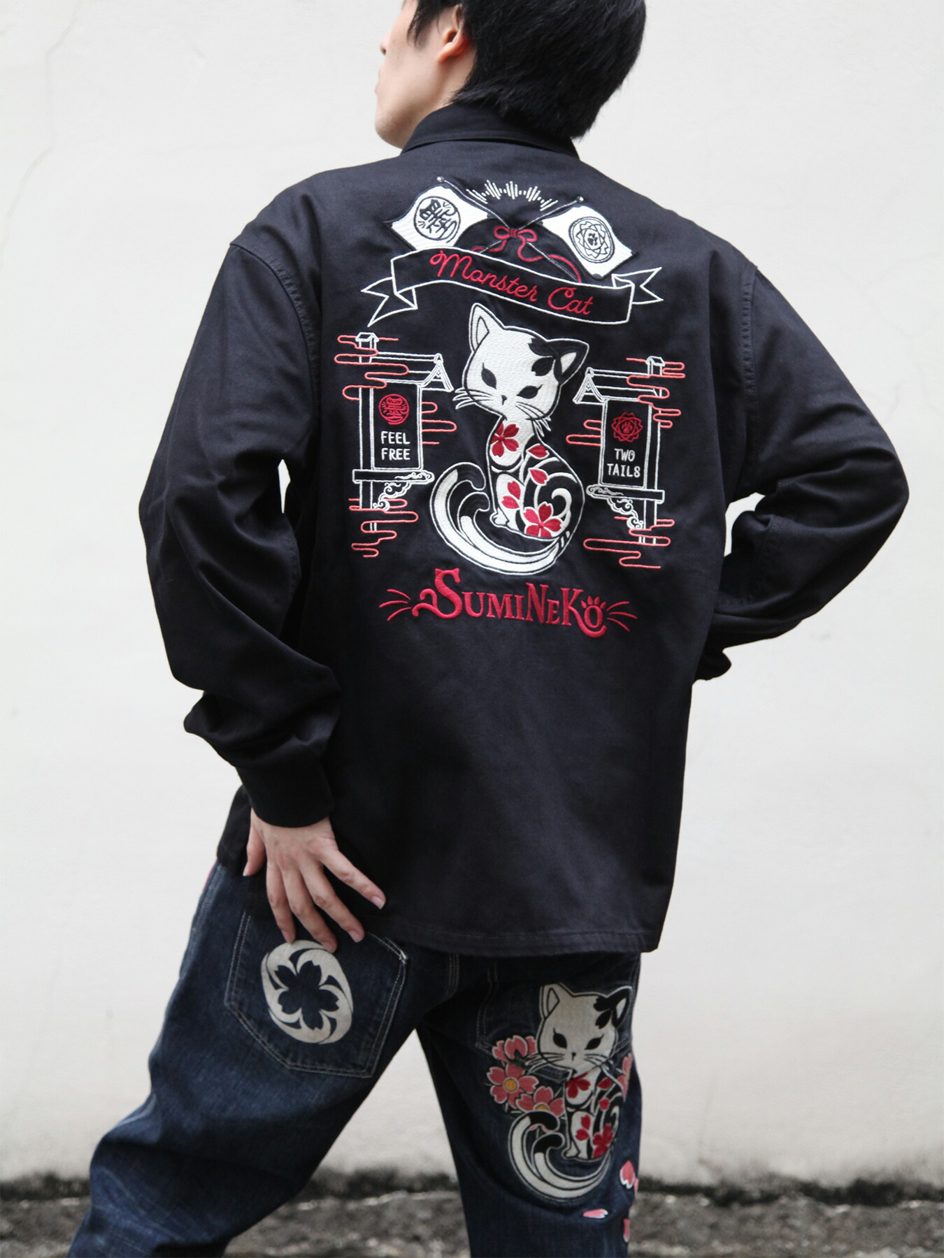 楽天市場】【SUMINEKO】“スミネコ”総刺繍 袖リブシャツ ｜ 和柄 メンズ