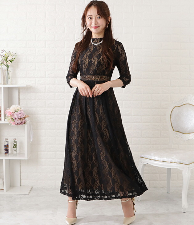 楽天市場】総レース7分袖配色フレアワンピース 女性 レディース ドレス