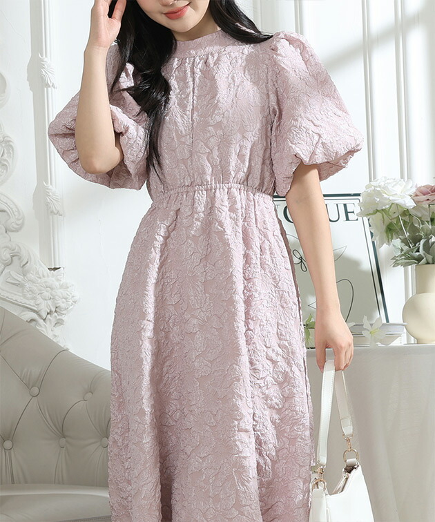 楽天市場】フラワー ジャガード バックリボン パフスリーブ ワンピース