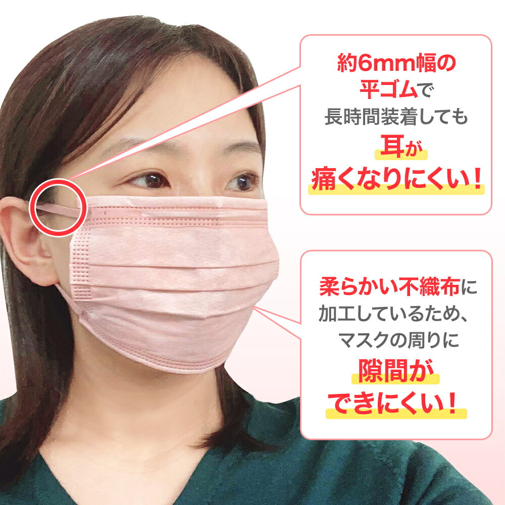 楽天市場】耳にやさしいサージカルマスク ピンク 50枚 ふつうサイズ