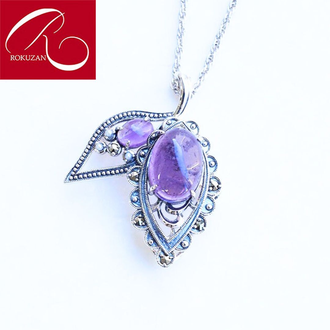 楽天市場】【碌山】 シルバー アメシスト ＆ パール リーフ ブローチ