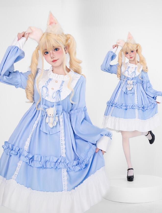 楽天市場】メイド洋服 可愛いロリータワンピース ブルー ブラウン