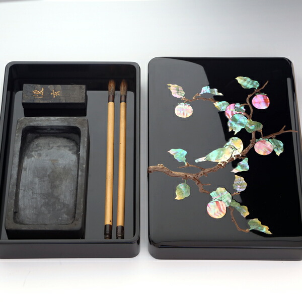 楽天市場】硯箱 すずり箱 螺鈿（らでん） 柿に目白5.5寸 高岡漆器