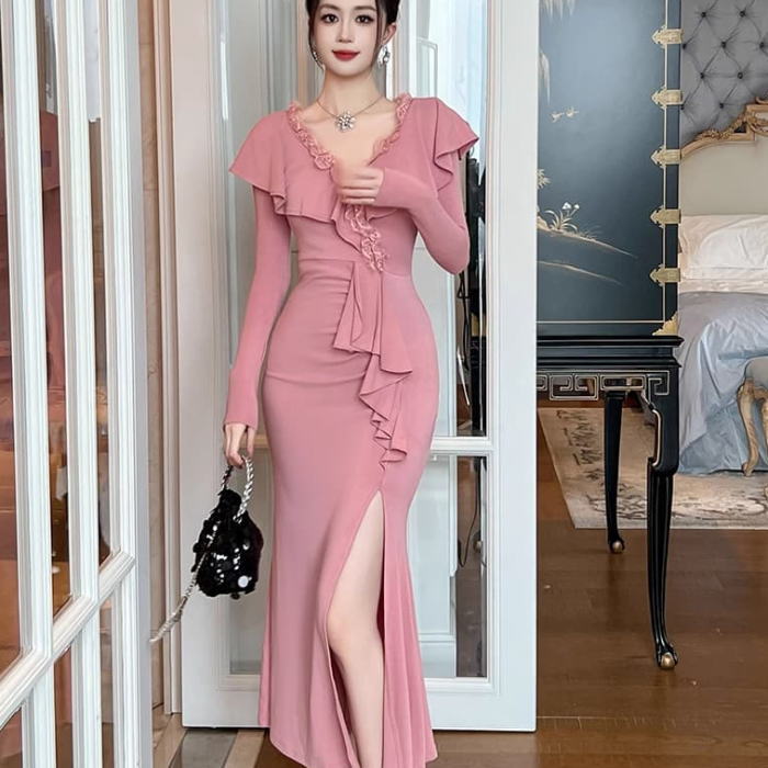 楽天市場】レディース vネック ワンピース レース フリル 長袖