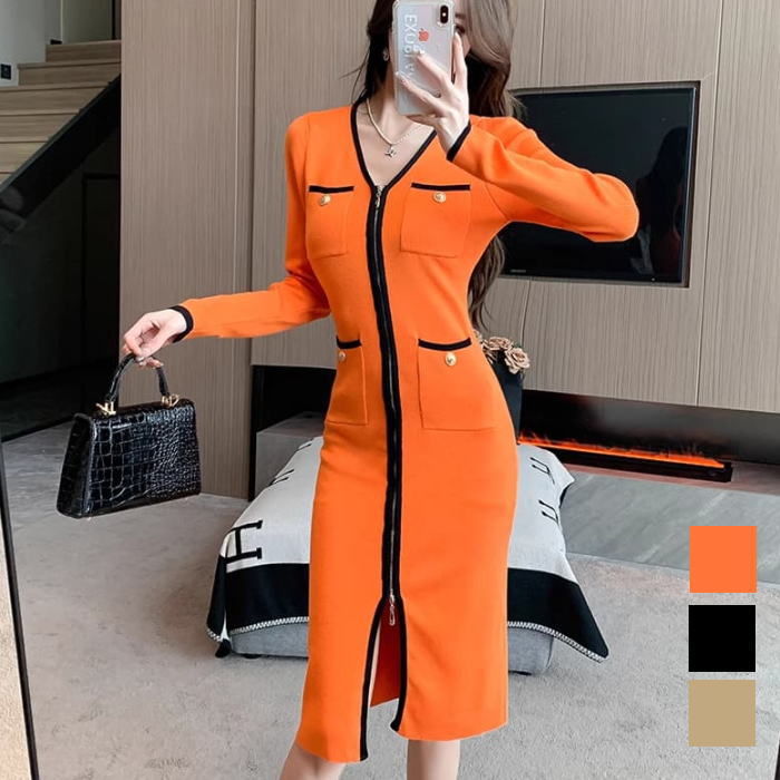 楽天市場】ワンピース Vネック ファスナー パイピング ニット 長袖