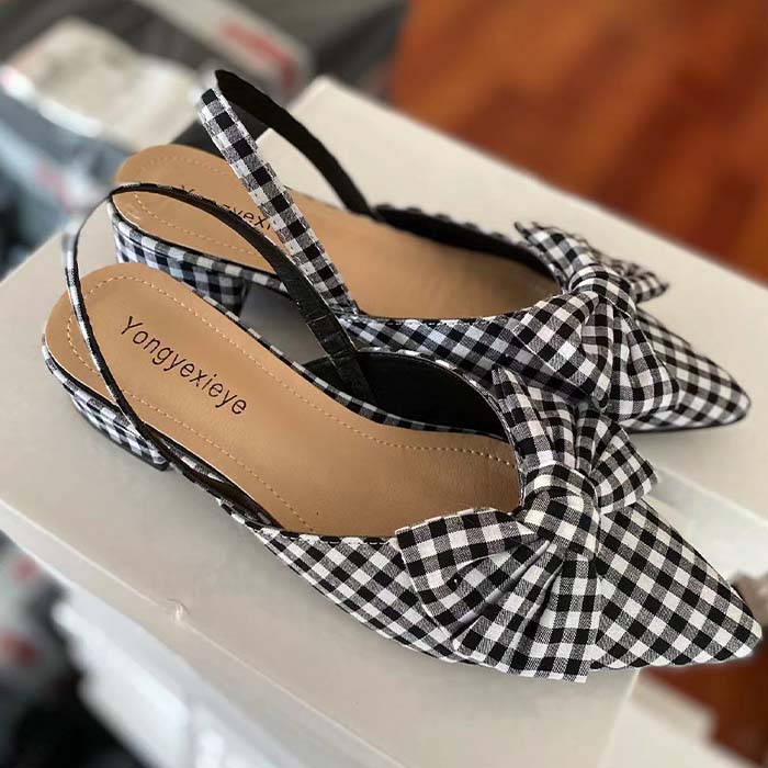 楽天市場】ミュール ポインテッドトゥ リボン 千鳥格子 水玉ドット