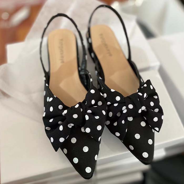 楽天市場】ミュール ポインテッドトゥ リボン 千鳥格子 水玉ドット
