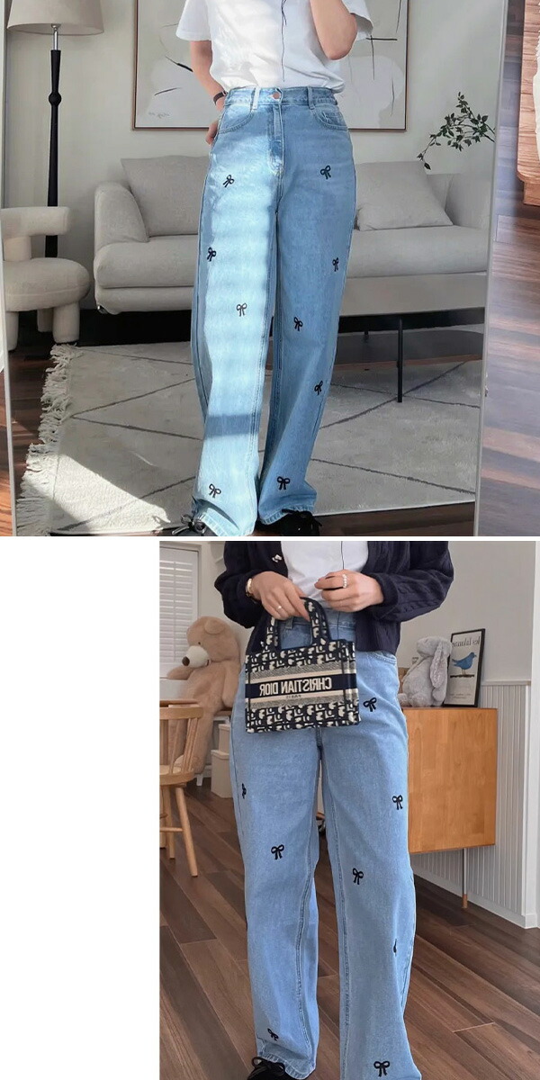 楽天市場】リボン刺繍 デニムパンツ デニムパンツ ワイドパンツ フレア