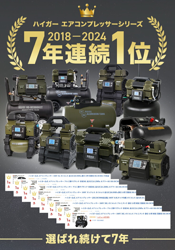 楽天市場】ハイガー エアコンプレッサー 100V 36L アルミタンク 軽量