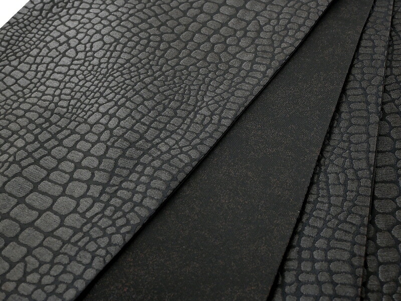 新品】お仕立て上がり 振袖用 クロコ風 型押し柄 袋帯 日本製ブラック系 黒