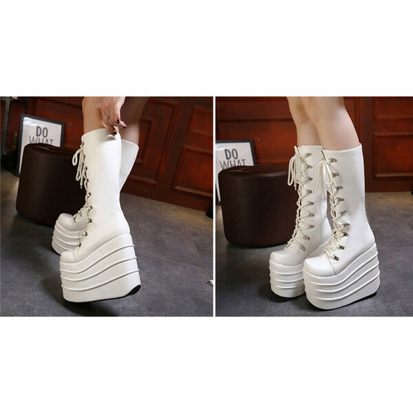 楽天市場】超厚底 ロングブーツ レディース 厚底ブーツ 編み上げ