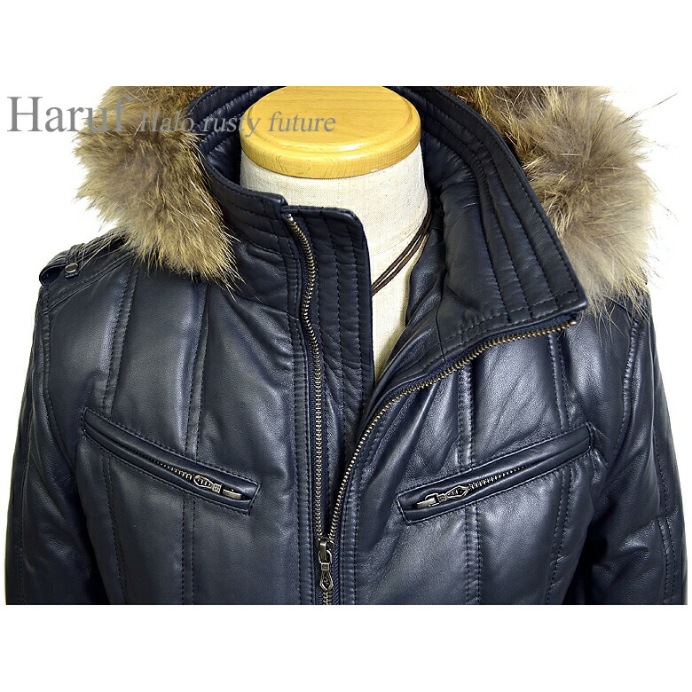 楽天市場】フードファー ラム レザーダウンジャケット レザー