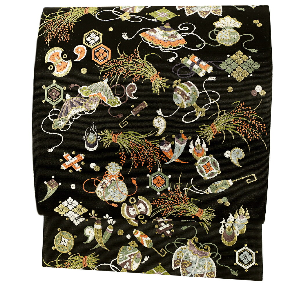 楽天市場】袋帯 正絹 西陣織 山下織物 唐織 黒地 豊年宝尽くし 仕立て