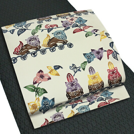 楽天市場】名古屋帯 正絹 カジュアル 江戸紅型 白 シーサー 花唐草 花